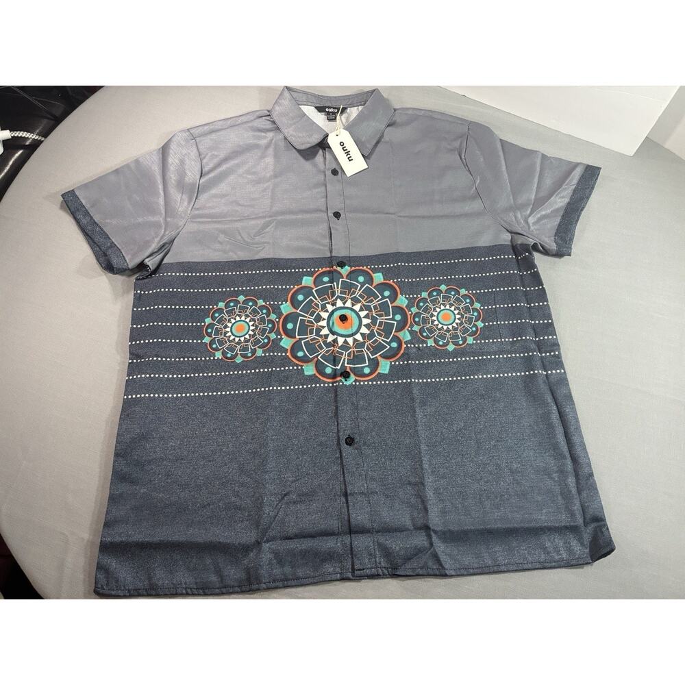 Ouku Mens XL Aztec Geometric Print Button Up Shirt Gray NWT Surf Skate Wear